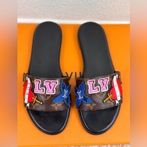Louis Vuitton Brown Canvas Love Logo Slide Flats Size 37